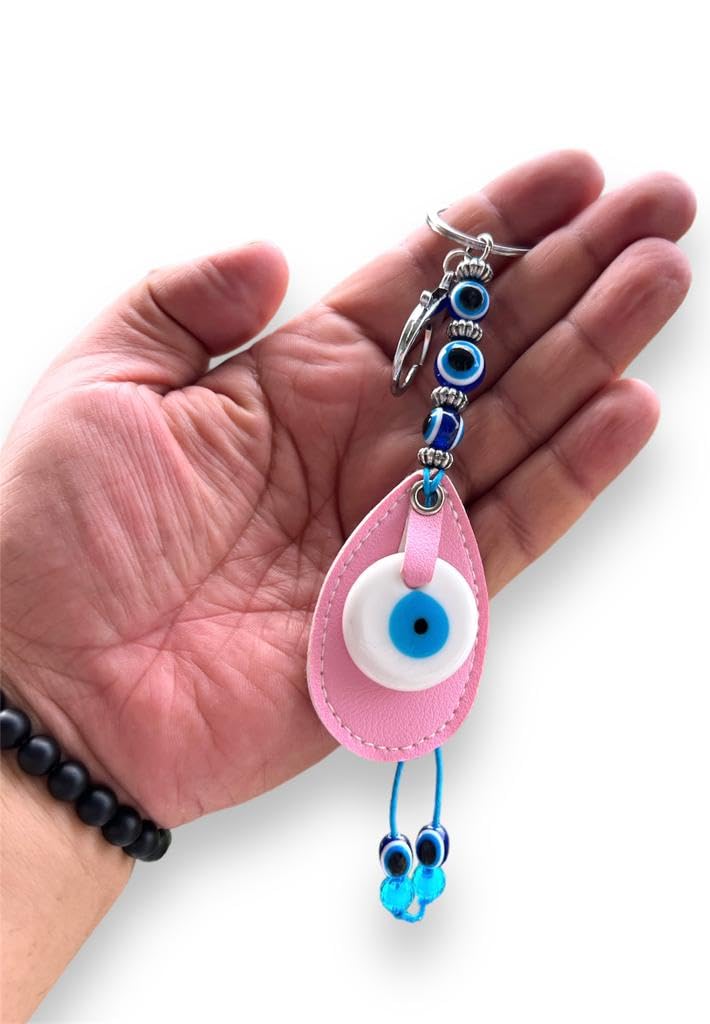 Original Blue and White Evil Eye Stone With Pink colour Leather Keychain For Bike/Car Gifting With Key Ring (Pack of 1)-image-28