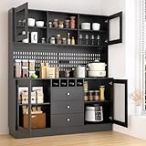 VOWNER 75'' Tall Kitchen Hutch Cabinet, 63“ Wide Pantry Cabinet, Buffet Hutch with Pegboard, Cup Holder, Power Outlet, 4 Doors & 3 Drawers, Cupboard with Microwave Shelf & Wine Racks (Black)