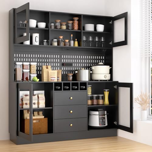 VOWNER 75'' Tall Kitchen Hutch Cabinet, 63“ Wide Pantry Cabinet, Buffet Hutch with Pegboard, Cup Holder, Power Outlet, 4 Doors & 3 Drawers, Cupboard with Microwave Shelf & Wine Racks (Black)