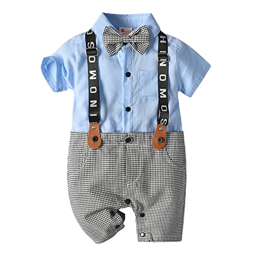 Image of Hopscotch Baby Boys Cotton and Spandex Half Sleeves Applique Bow Solid Romper in Blue Color