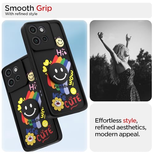Image of Pikkme Back Cover for Motorola Moto Edge 50 Neo 5G | Soft Silicone| Cute Rainbow Smile & 3D Cartoon Flower Design | Shockproof Raised Camera Protection Bumper Case (Black)