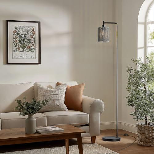 Image of Oneach 66 inch Black Floor Lamp for Living Room, Boho Floor Lamp with LED Bulb, Foot Switch, Gray Rattan Shade, Industrial Tall Farmhouse Standing Lamp for Bedroom, Dining Room, Study Room, Office