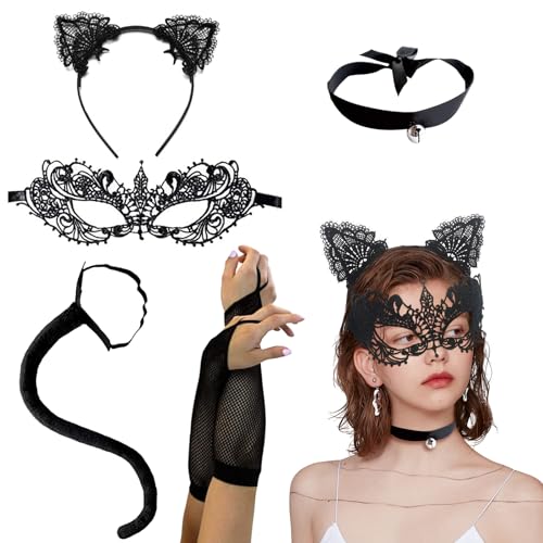 5 Stück Katzenkostüm Damen Fasching, Katzenohren Haarreif Spitze, Faschingskostüm Frauen Accessoires, Catwoman Maske Kostüm mit Lange Handschuhe und Schwanz Karneval Festival Maskerade Halloween Party