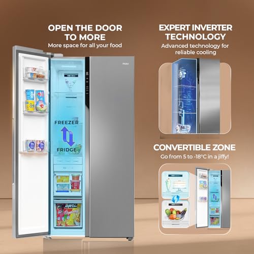 Image of Haier 596L 3Star 2 Door Side by Side Frost Free Refrigerator|100% Convertible|Expert Inverter|Digital Display Panel|Twist Ice Tray|Deo Fresh Technology (HES-690SS, Shiny Silver)
