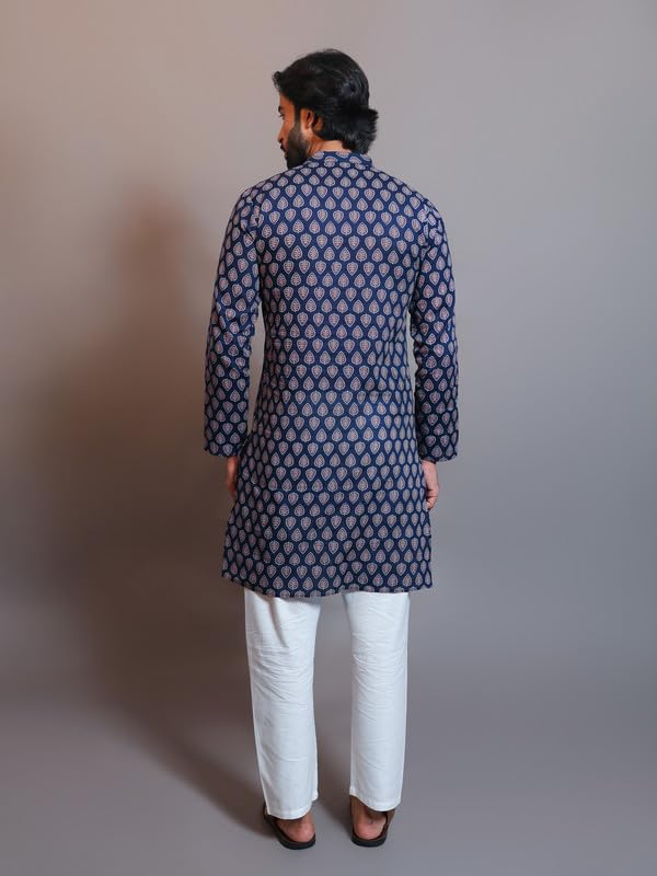 Image of Vastraa Fusion Men's Printed Kurta Pure Cotton Long Kurta, Round Collar, Full Sleeves, Button Kurta, Ethnic Wear