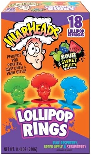 Flix Candy Halloween Lollipop Ring, WarHeads Sour & Sweet Fruity Hard Candy Ring Pops - 18 Count (8.46 Ounce) Box, black