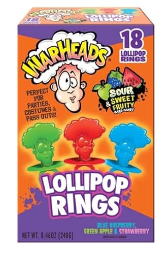 Flix Candy Halloween Lollipop Ring, Warheads Sour & Sweet Fruity Hard Candy Ring Pops - 18 Count (8.46 Ounce) Box, Black #TOP22