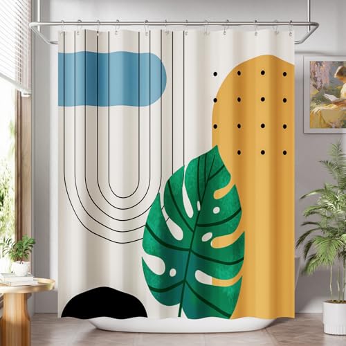 Image of AmazerBath Boho Shower Curtain, Beige and Brown Abstract Cloth Shower Curtain with 12 Metal Hooks, Luxury Washable Farmhouse Polyester Fabric Bathroom Green Leaf Shower Curtain Set, 72x72 Inches