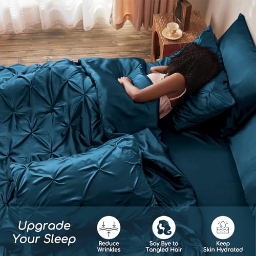 MR&HM Satin Comforter Twin XL 5 Pieces - Luxurious Pinch Pleat Bedding Set with Comforter, Flat Sheet, Fitted Sheet, Pillowcase & Sham, Super Silky Soft Bed Set for All Season (Twin XL, Teal)