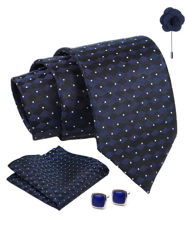 AxlonTie for Men – Checkered Silk Neck Ties Set with Cufflinks Flower Pin, Pocket Square & Black Gift Box, Combo Necktie Sets for Office Wear, Formal Suits & Weddings (Navy Blue, AX24_22)