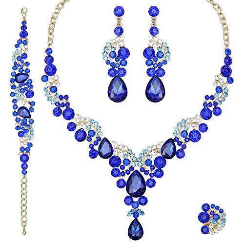 CSY 4 Pcs/Sets Elegant Crystal Necklace Earrings Bracelet Ring Bridal Wedding Costume Jewelry Sets for Brides Women Gifts (Royal Blue)