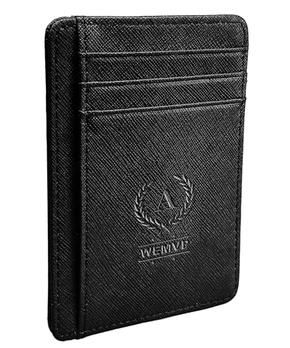Personalized Initial Card Wallet - Deep 3D Embossed Floral Leather Slim RFID Blocking Holder, Ultra-Thin 0.8cm Custom Monogram Gift for Men & Women (A, Onyx Black)