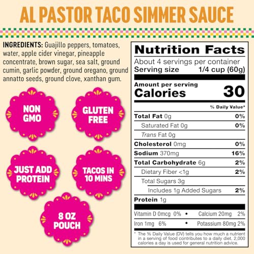 Image of SOMOS Al Pastor Taco Simmer Sauce - Taco Sauce with Guajillo Peppers, Tomatoes, & Pineapple - Gluten Free - Plant Based - Non-GMO - All Natural - Perfect for Chicken, Pork & More - 8oz (6 Pack)