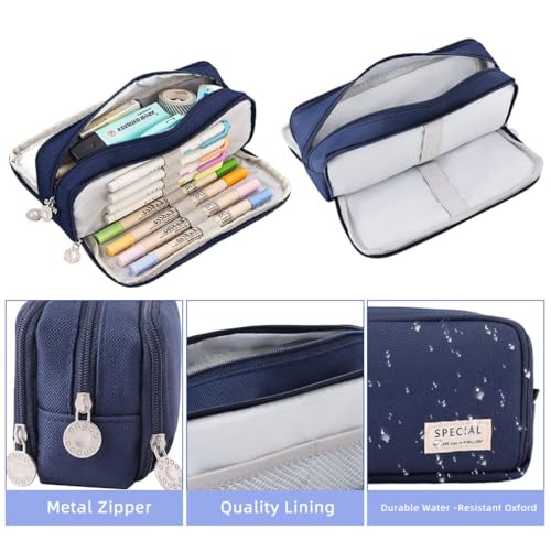 Image of SAMEZONE Pencil Case Pencil Cases for Girls Boys Big Capacity Pencil Pouch with 3 Compartments School Stationary Office Storage Pouch Pen Bag for School Teen Girl Boy Men Women (King Navy Blue)