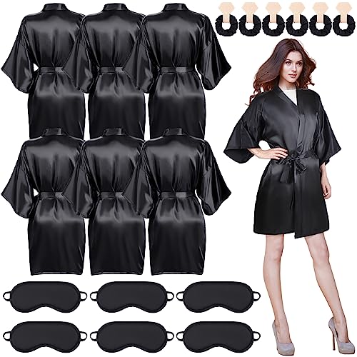 Xtinmee 18 Bridesmaids Robes for Women Silk Satin Short Black Robe Set Bridal Party Spa Wedding Sleepwear Scrunchies Patch