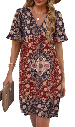 Image of OFEEFAN Summer Dresses for Women Ruffle Short Sleeve V Neck Casual Shift Dress with Pockets