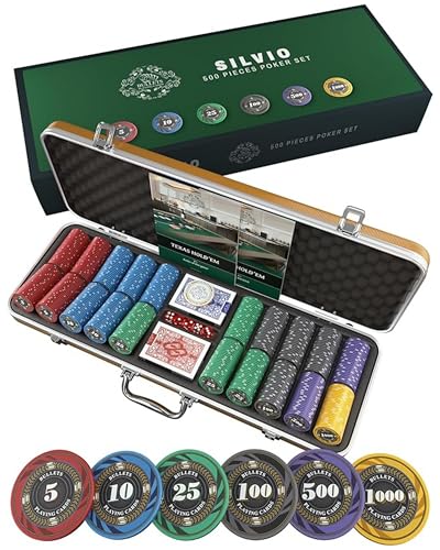 Bullets Playing Cards - Poker Case Silvio Deluxe Poker Set con 500 fiches da poker in ceramica, istruzioni per il poker, bottone del dealer e carte da poker in plastica Bullets