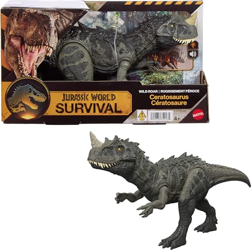 Mattel Jurassic World Wild Roar Ceratosaurus Dinosaur Action Figure Toy with Chomp Attack, Light Up Feature & Roar Sound, Scan Code for Digital Play
