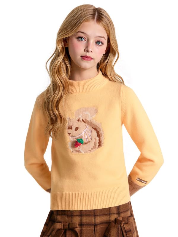 Girls Knit Shirts for Squirrel - Yellow Long Sleeve Top with Strawberry Embroidery & Fuzzy Sleeves 6-16Y