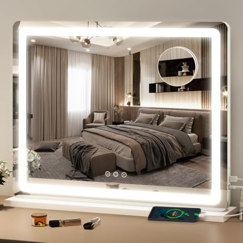Image of FENNIO 23 inch x 18 inch Vanity Mirror with Lights, LED Makeup Mirror, Hollywood Mirror with 3 Color Modes & Adjustable Brightness, Vanity Mirror White