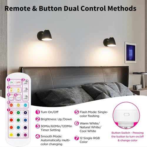 Image of Battery Operated Wall Sconce Set of 2, Black Rechargeable Sconces Wall Lighting with Remote, RGB 15 Colors Dimmable Wireless Wall Light, Indoor Sconce Lights for Bedroom Living Room Hallway