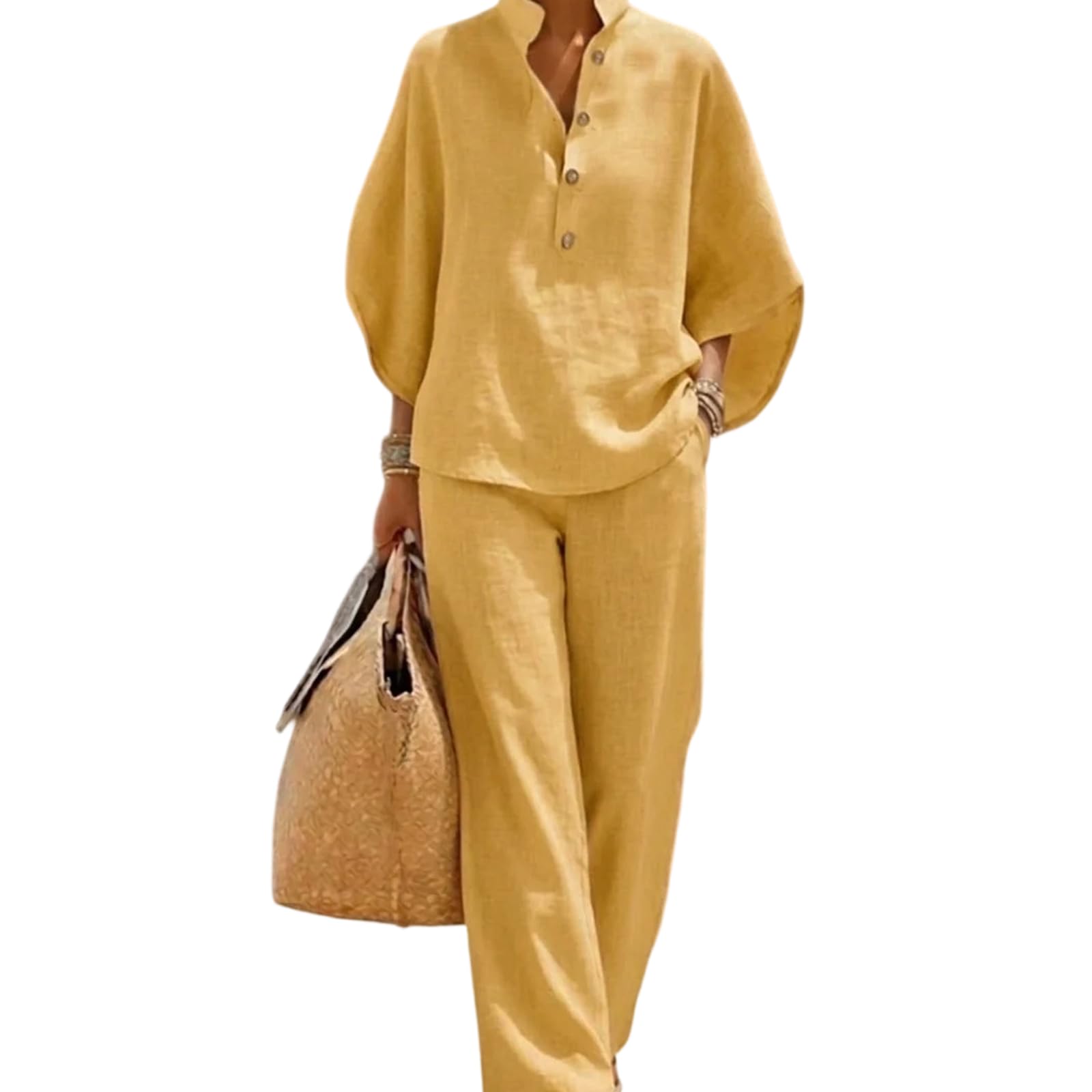 Combinaison d'été 2 pièces en lin pour femme - Élégant - En mousseline - Col en V - Chemisier et pantalon large - Avec poches - Aéré et léger - Décontracté