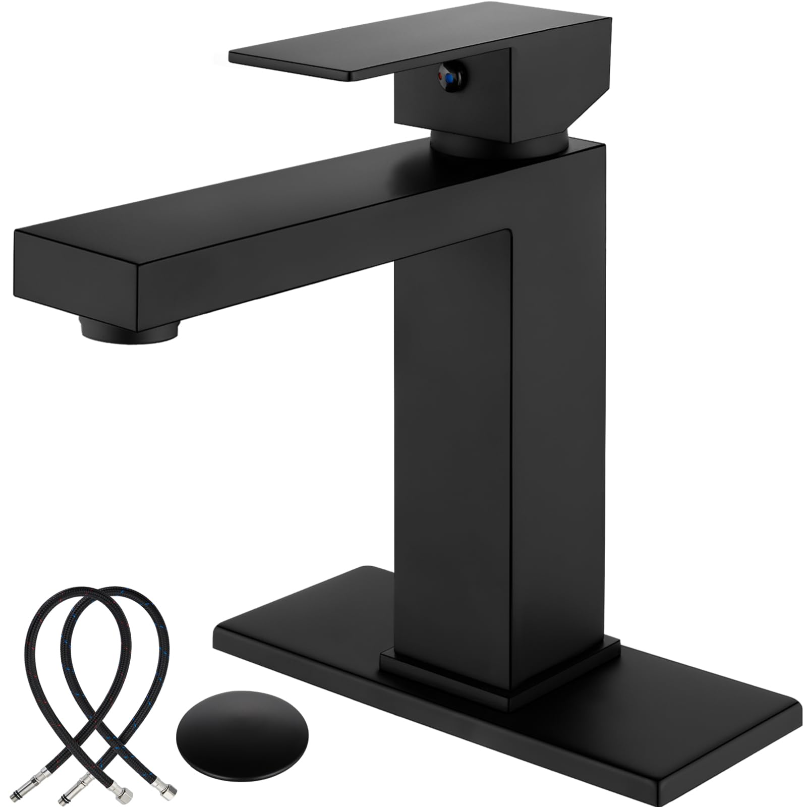 Midanya Bathroom Sink Faucet 1 Hole Single Handle Deck Mount Lavatory Mixer Tap Include Cover Plate One Lever Stainless Steel SUS304 Commercial,Matte Black with Pop Up Drain