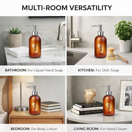 Image of Luxe Home International Flower Print Glass Soap Dispenser for Bathroom and Kitchen Sink Leak Proof Liquid Hand Wash Round Bottle Lightweight Smooth Finish (19.5x7.5 cm Red-Brown) Pack of 1