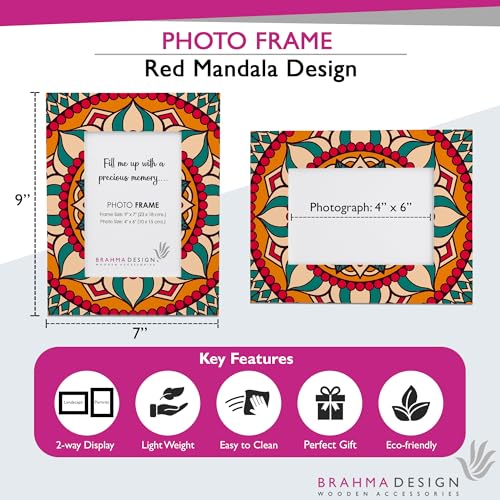 Image of Photo Frame with Gift Box | Size: 9 inch x 7 inch (Photo 4 inch x 6 inch) | Red Mandala | Aesthetic Decorative Photo Frame for Wall Mount and Tabletop