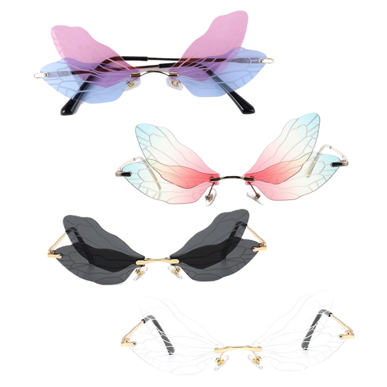 Healeved Wings Sunglasses Rimless Glasses 4pcs Unique Irregular Wing Shaped Sunglasses for Party