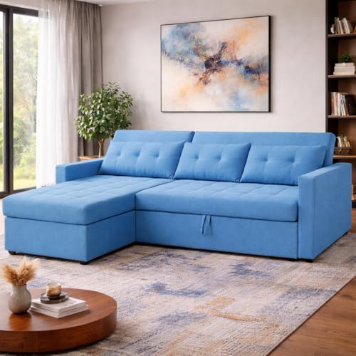 Image of Emilio 4 Seater LHS L - Shape Pull-Out Sofa Cum Bed Sofa for Living Room (Turquise Fabric Color) Premium Fabric Sofa Set for Living Room Sofa Cum Bed