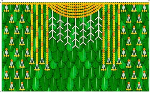 Image of varalakshmi Pooja Background | Banana Leaf Curtain Backdrop Decoration Yellow & Orange Garlands, Size 8x5 feet| Pooja Backdrop Decoration | varlaxmi puja Decorations Cloth | Banana Leaf Background