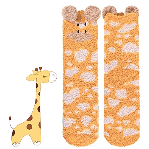 Benefeet Sox Women Fuzzy Novelty Slipper Socks Girls Funny Winter Warm Fleece Cozy Fluffy Soft 3D Cartoon Animal Cute Crew Socks Kawaii Home Sleeping Hospital Socks Gift,1 Pack-Giraffe #TOP7