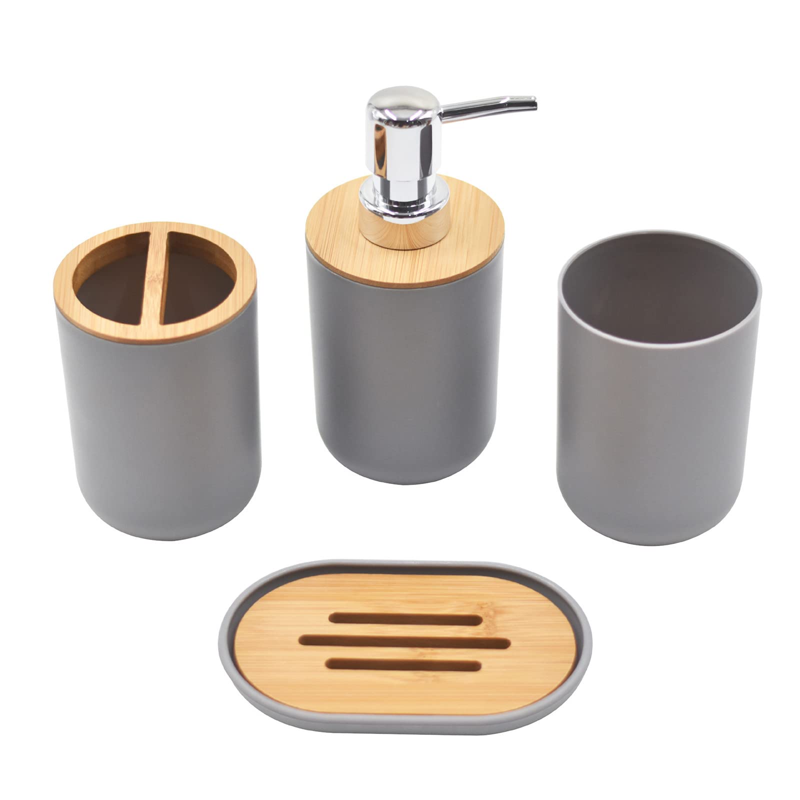 Juegos de Accesorios de baño, Simple Madera Acesorios Cuartos de Baño 4 Piezas con Dispensador Jabon Baño, Jabonera Baño, Porta Cepillo de Dientes, Bandeja, para Champú Gris/Blanco/Negro
