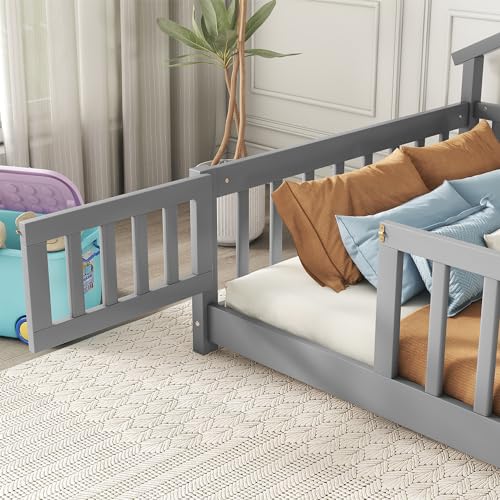 Twin-House-Shaped-Bedside-Floor-Bed-with-Guardrails-Slats-with-DoorGrey Twin House Shaped Bedside Floor Bed with Guardrails Slats with DoorGrey
