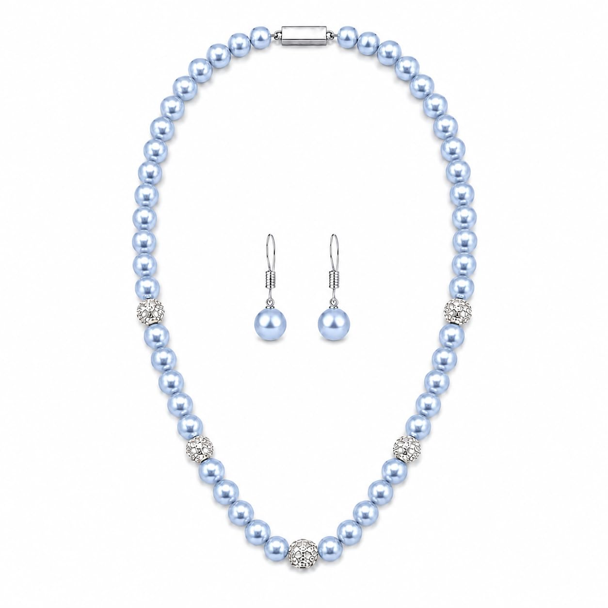 Pearl Moti Mala | Necklace Set for Women with Earrings | 8mm Moti Beads Haar with Silver Designer Balls | Long Pearl Jewellery for Women & Girls | Traditional Wedding, Festive Gift-image-2