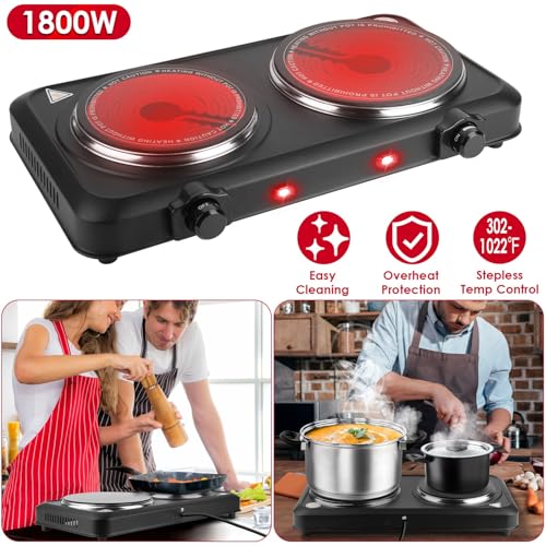 Image of 1800W Electric Double Cooktop Countertop Counter Stove Infrared Dual Burner | Portable Dual Hot Plates Glass Stepless Temperature for Camp Kitchen RV (Black)