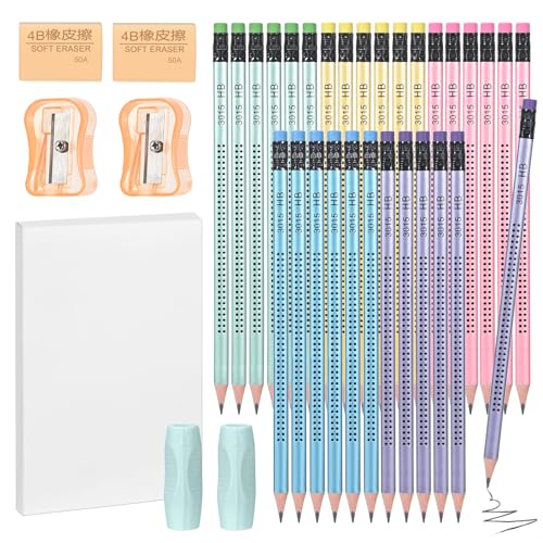 Szaboviktoria 30 PCS - lápices con goma integrada, con dos sacapuntas y un soporte para lápiz, minas de grafito, lápices HB triangulares pre-afilados, adecuados escritura, dibujo y diseño