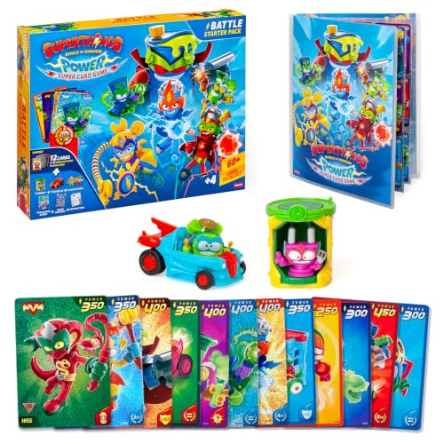 SUPERTHINGS Power Super Card Game–Battle Starter Pack.Caja con Figuras de Acción,Accesorios,Álbum y Cartas Sorpresa Coleccionables.Contiene Hideout,Supercar, 2 Figuras,Libro de Colección y 12 Cartas