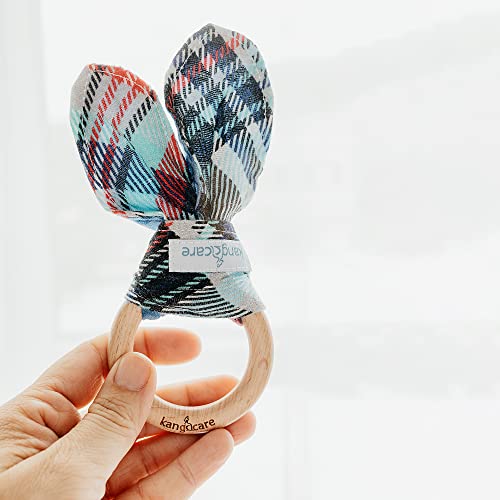 Image of Kanga Care Baby Soft Muslin Sensory Crinkle Bunny Ear Wood Teething Ring - Billy Plaid