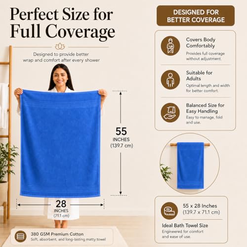 Image of 100% Pure Cotton Bath Towel for Men & Women | 380 GSM Ultra Soft, Highly Absorbent & Quick Dry Bath Towel | Large 55 x 28 Inch Matty Terry Towel for Bathroom, Gym, Travel & Daily Use | Dark Blue