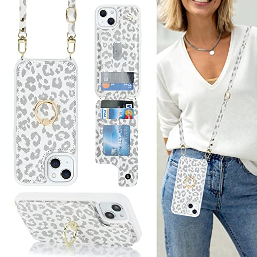 Image of for iPhone 14 Plus Case with Card Holder and Strap for Women,Crossbody Lanyard,RFID Blocking,Stand Ring Kickstand,Snap Clasp,Cute Phone Wallet Cases 6.7 inch(White Leopard)