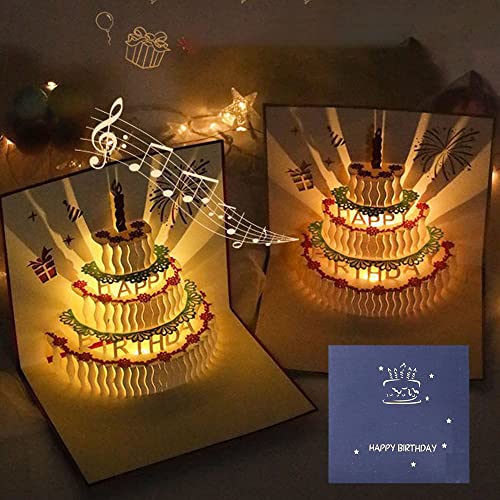 Cartes de joyeux anniversaire, chanter et briller, gâteau d'anniversaire 3D, Carte Pop Up Avec enveloppes, Cartes d’Anniversaire Femmes Hommes et Enfants, 15*16 cm Cover