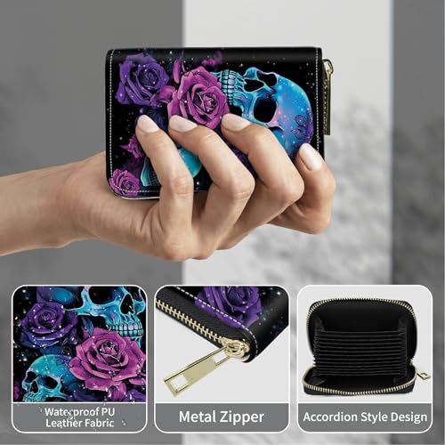 Image of Cute Credit Card Holder with Zipper, Neon Sugar Skull RFID-Blocking Card Case Small Wallet for Women Men, Multi-slot Card Organizer Case Travel Accordion Wallet