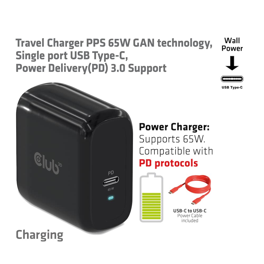 CLUB3D - Caricabatterie da Viaggio PPS 65 W, Tecnologia GAN Singola, USB Tipo C, Power Delivery(PD) 3.0, Supporto CAC-1905EU