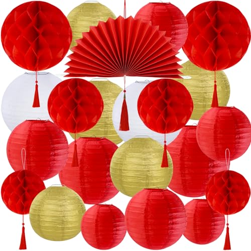 Winlyn 22 Pcs Chinese New Year Decorative Red Gold White Round Paper Lanterns Honeycomb Balls Paper Fans Oriental Hanging Party Decorations for Asian Chinese Japanese Lunar New Year Festival Wedding