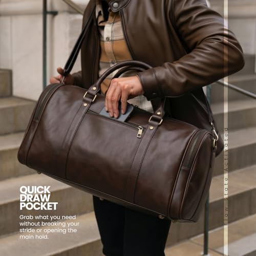 Image of FATMUG Travel Duffle - Carry-on Cabin Luggage Bag for Men and Women, Vegan Leather (26L,Brown)