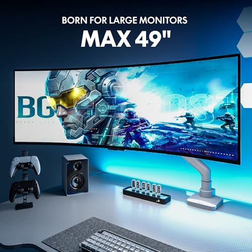 Image of FlexiSpot Ultrawide Monitor Arm, Monitor Stand for 17 to 49 inch Screens Holds up to 44 Lbs, Adjustable Gas Spring Arm with C Clamp & Grommet Base for Gaming Office, 75 /100 VESA Mount, White