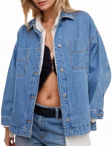 Women's City Denim Jacket–Long Sleeve Oversized Boyfriend Style Jean Jacket with Button Up Front