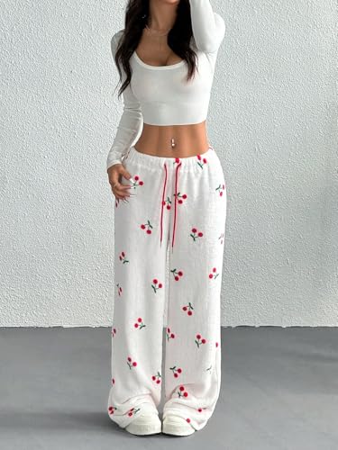 Image of ZAFUL Women's Fuzzy Plush Pajama Pants Wide Leg Pj Bottoms Lounge Pants